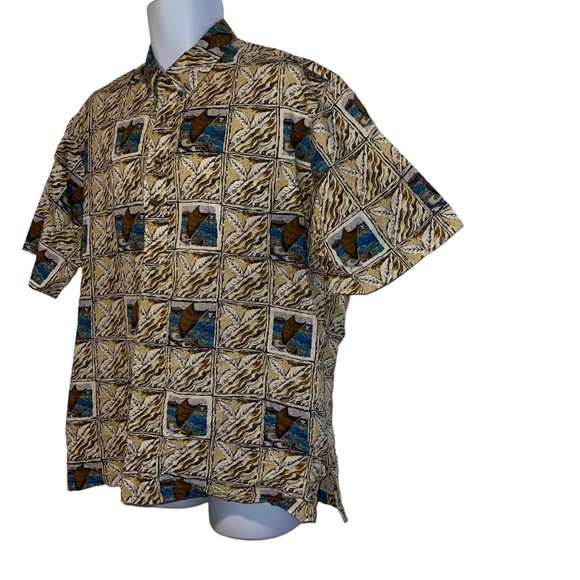 Vtg Hilo Hattie Hawaiian Shirt Mens XL Canoe Sail Beach Vacation Aloha Leaf Tan - Picture 5 of 10